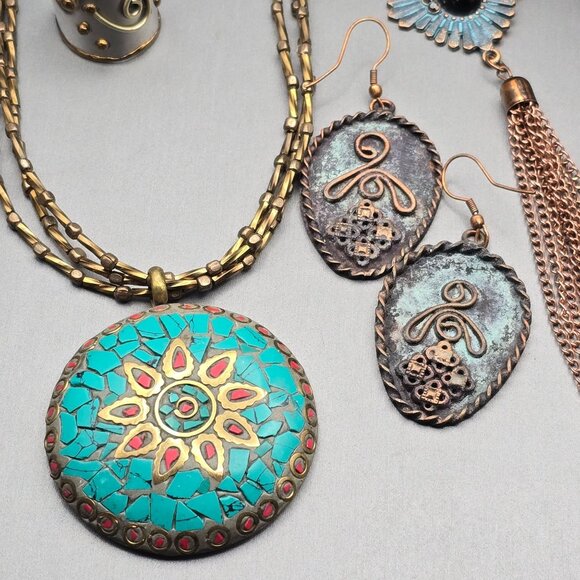 VTG Ethnic Copper & Brass Jewelry Necklaces Rings Earrings Bracelets Lot of 8 - Picture 2 of 14
